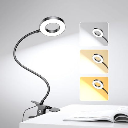 LED Desk Lamp Clip on Light with 3 Color Modes 10 Brightness Ring/Clamp Light 360° Adjustable Neck Dimmable Eye Protection Desk Lamps for Home Office - style: Ring Clip-on Desk Lamp