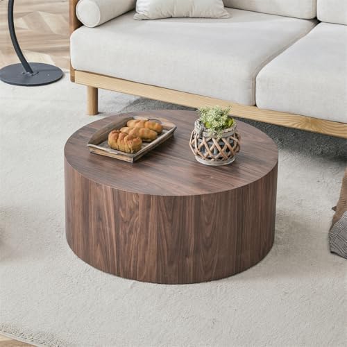 Round Coffee Table, 23.6" Modern Wood Drum Coffee Table, Round Accent Center Table for Living Room Apartment Small Spaces, No Assembly Required - color: 24'' Walnut, size: 24'' Round Coffee Table