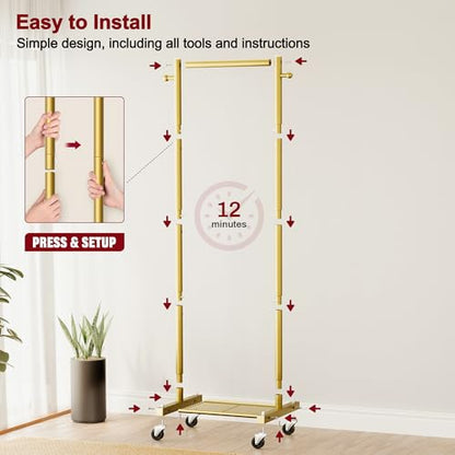 SLEEPING LAMB Small Clothes Racks for Hanging Clothes, Rolling Clothing Rack with Shelves, 60" Metal Garment Rack with Wheels Portable Wardrobe Rack for Small Space, Gold - color: Gold