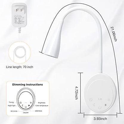 SANKEDOU LED Wall Mounted Reading Light, Book Light for Reading in Bed with Touch Control, 5 Dimmable, USB Output, Night Light & Timers Function, Flexible Gooseneck Headboard Bed Lights (White) - color: White