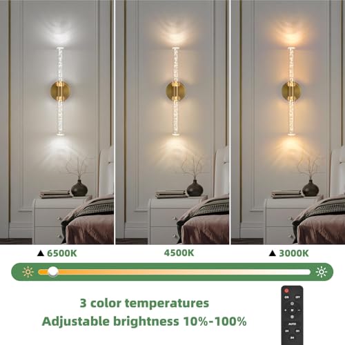 Battery Operated Wall Sconces Set of 2, Gold 20'' Rechargeable Crystal Bubble Wall Sconce with Remote Control, 3000K-6000K Dimmable LED Wireless Wall Lights for Living Room Bedroom Hallway - color: Gold
