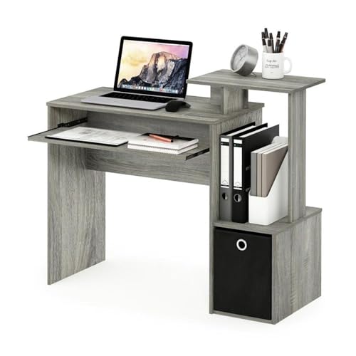 MAKLAINE Wood Computer Writing Desk, French Oak Gray and Black Finish, 39.4" W x 15.8" D x 34.1" H, Compact Design with Keyboard Tray, Storage Bin, Home Office Workspace