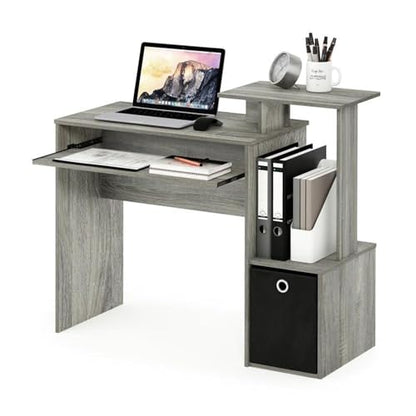 MAKLAINE Wood Computer Writing Desk, French Oak Gray and Black Finish, 39.4" W x 15.8" D x 34.1" H, Compact Design with Keyboard Tray, Storage Bin, Home Office Workspace