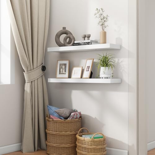 fuqing 30 Inch Floating Shelves, 6.7 Inch Deep White Wall Shelves Set of 2 | 30'' x 6.7'' x 1.4'' White Wood Shelves for Bathroom, Living Room, 40LBS, Lightweight, Hardware Included, Waterproof Finish - color: White, size: 30 Inch