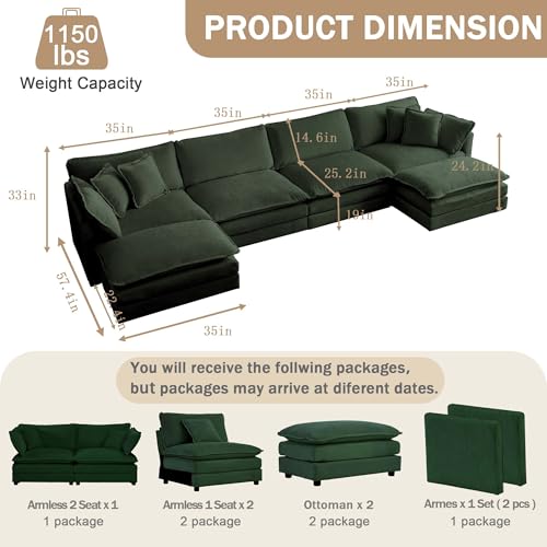 4 Seater Sectional Sofa,146.5 inch U-Shape,Green | Oversized Modular Couch Deep Seat - color: Green, size: 146.5 inch-U