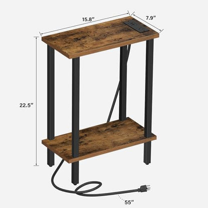 TUTOTAK Narrow Side Table, 2-Tier Small End Table with Charging Station | Skinny Sofa Table, Slim Nightstand, Easy Assembly for Living Room, Bedroom, Brown TB01BB060 - color: Brown, size: 2-tier
