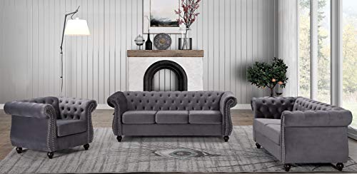 GDFStudio 82.6" Velvet Sofa Set, Modern Living Room Couch Set, Upholstered Sofa Loveseat Chair Set, Chesterfield with Button Tufted Back Rolled Arms Wood Tapered Feet for Apartment Living Room, Gray - color: Grey, size: 3+2+1 Seat
