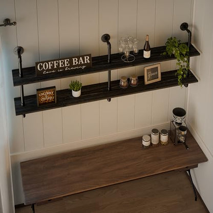 HDDFER Floating Shelves Wall Bookshelf Industrial Pipe Shelving Shelves Real Wood Planks 70 inch Rustic Wall Shelves Hanging Bookshelves Farmhouse Kitchen Bar Shelving - color: Black, size: 2Tier70in