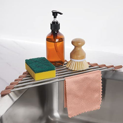 Tomorotec Triangle Roll-Up Dish Drying Rack for Sink Corner Small Foldable Stainless Steel Over The Sink Multipurpose Kitchen Drainer Caddy Trivet Rustproof Storage Shelf (Chocolate Brown) | BPA-Free Food-Grade Silicone Edges Foldable Waterproof Rustproof