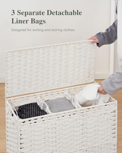 SETVSON Laundry Hamper with Lid, Large 132L Rattan Basket, White | 3-Section Large 35 Gal Clothes Hamper, 3 Removable Bags, Heightened Metal Feet, 6 Mesh Laundry Bags, Steel Frame - color: Cloud White, size: 132 L - 35 gal