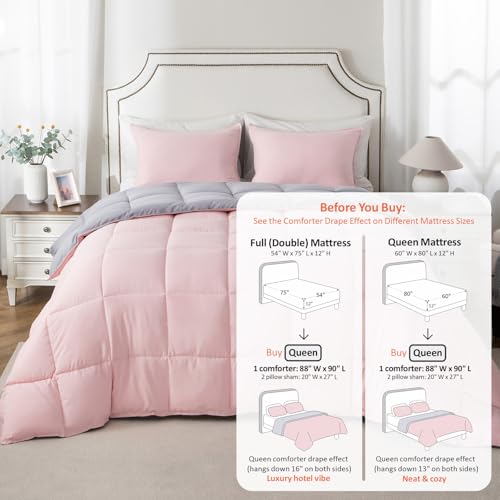 KASENTEX Queen Comforter Set – Reversible Dual Color – Goose Down Alternative – Ultra-Soft, Lightweight, Machine Washable, Maintain Fluffiness, All Season Warmth (Pink Potpourri/Quartz Silver) | 250 GSM Fill, Ultra-Soft, Lightweight, Machine Washable, 1 C