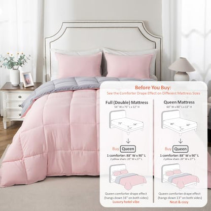 KASENTEX Queen Comforter Set – Reversible Dual Color – Goose Down Alternative – Ultra-Soft, Lightweight, Machine Washable, Maintain Fluffiness, All Season Warmth (Pink Potpourri/Quartz Silver) | 250 GSM Fill, Ultra-Soft, Lightweight, Machine Washable, 1 C