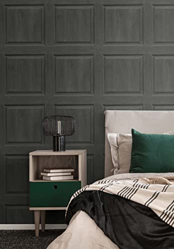 NextWall Washed Faux Panel Peel and Stick Wallpaper (Charcoal) - color: Charcoal