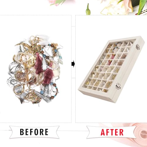 Siveit Velvet Jewelry Tray 48 Grid Jewelry Display Tray Organizer Box with Transparent Lid Rings Earrings Necklaces Pendants Display Box Suitable for Women and Girls (Beige) - color: Beige