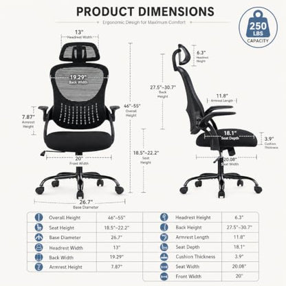 Black Ergonomic Office Chair, High Back Mesh Desk Chair with Adjustable Headrest Lumbar Support, Computer Chairs with Flip-up Armrests and Thickened Cushion for Adults Home Office, 360° Swivel - color: Black With Headrest