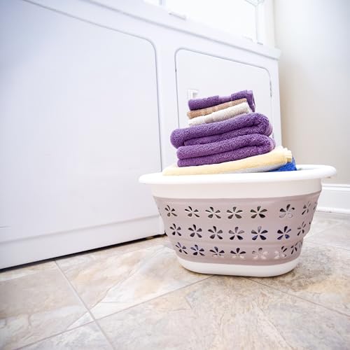 Camco Collapsible Laundry Basket, Small, Taupe/White - Pop Open Waterproof Plastic Bin with Handles for Home, Dorm, RV Storage - size: 10 inches tall expanded