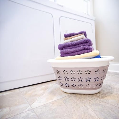 Camco Collapsible Laundry Basket, Small, Taupe/White - Pop Open Waterproof Plastic Bin with Handles for Home, Dorm, RV Storage - size: 10 inches tall expanded