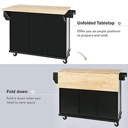 53'' Rolling Kitchen Island with Storage, Large Kitchen Cart On Wheels with Drop Leaf & Power Outlet & Drawers, Mobile Kitchen Table with 3 Drawers, for Dining Room (Black) - color: Black