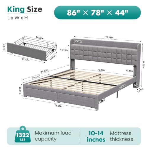 DUMOS King Bed Frame, Upholstered Platform Bed Frame with Storage Drawers | King Size Bed Frame With Storage Drawers, with Headboard, Wood Bed Slats Support 1323 lbs, No Box Spring Needed, Grey - color: Dark Gray, size: King (U.S. Standard)