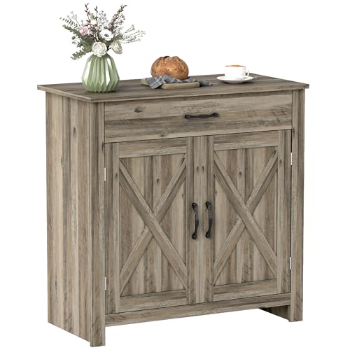 HOMCOM Farmhouse Sideboard Buffet Cabinet Barn Door Gray | Coffee Bar Cabinet, Drawer, Adjustable Shelf, Kitchen, Living Room, Entryway - color: Grey
