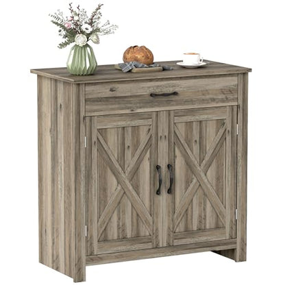 HOMCOM Farmhouse Sideboard Buffet Cabinet Barn Door Gray | Coffee Bar Cabinet, Drawer, Adjustable Shelf, Kitchen, Living Room, Entryway - color: Grey