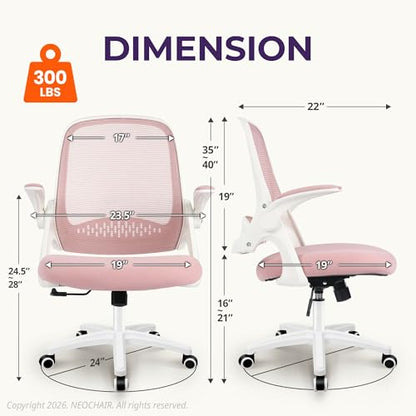 NEO CHAIR Office Desk Chair, Ergonomic Mesh with Flip-Up Armrests, Pink | Lumbar Support, Height Adjustment, 360° Swivel and Rolling Base, Space-Saving Design for Home Office, Vanity or Study - color: Pink