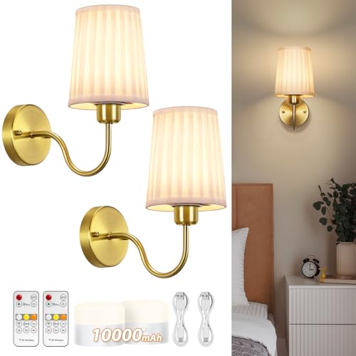 Battery Operated Wall Sconce Set of Two, Wireless Wall Sconces with 10000mAh Dimming Magnetic Bulb, Rechargeable Wall Sconce with Pleated Fabric for Bedroom Living Room Gallery Hallway, Gold - color: Gold-White