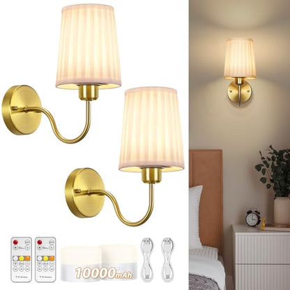 Battery Operated Wall Sconce Set of Two, Wireless Wall Sconces with 10000mAh Dimming Magnetic Bulb, Rechargeable Wall Sconce with Pleated Fabric for Bedroom Living Room Gallery Hallway, Gold - color: Gold-White