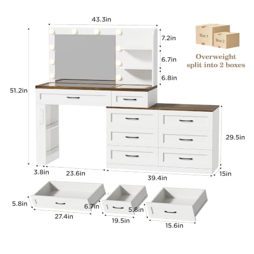 Farmhouse Makeup Vanity Desk, Vanity 6-Drawer Dresser Combo, Antique White | Large Make Up Dressing Table, with Mirror and Lights, Glass Top, 8 Drawers, Charging Station, Open Storage, for Bedroom