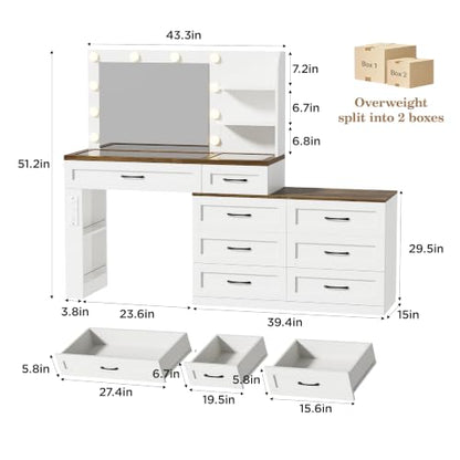 Farmhouse Makeup Vanity Desk, Vanity 6-Drawer Dresser Combo, Antique White | Large Make Up Dressing Table, with Mirror and Lights, Glass Top, 8 Drawers, Charging Station, Open Storage, for Bedroom