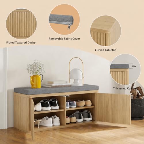Shoe Cabinet Bench with Cushion,Double Layered Wooden Shoe Bench with Soft Cushion,Shoe Rack for Entryway,Bedroom,Living Room - color: 2 Door Oak Sturdy Shoe Bench