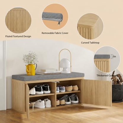 Shoe Cabinet Bench with Cushion,Double Layered Wooden Shoe Bench with Soft Cushion,Shoe Rack for Entryway,Bedroom,Living Room - color: 2 Door Oak Sturdy Shoe Bench