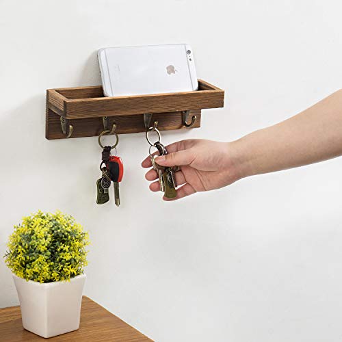 MyGift 10 Inch Brown Wood Wall Mounted Floating Shelf Key Rack with 4 Hooks | Four Metal Hooks, Space Saving Storage, Entryway Organization, Rustic Accent, Keys Mail Accessories Display - color: Dark Brown
