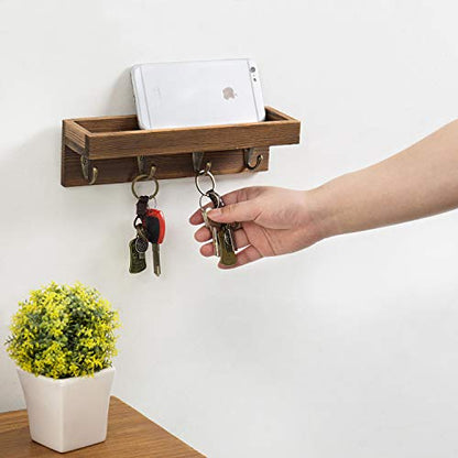 MyGift 10 Inch Brown Wood Wall Mounted Floating Shelf Key Rack with 4 Hooks | Four Metal Hooks, Space Saving Storage, Entryway Organization, Rustic Accent, Keys Mail Accessories Display - color: Dark Brown