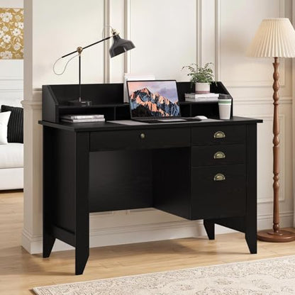 4 EVER WINNER Black Desk with Drawers, Small Desk with File Drawer and Monitor Stand, Computer Desk with Storage, Writing Desk for Bedroom Home Office, Black - color: Black