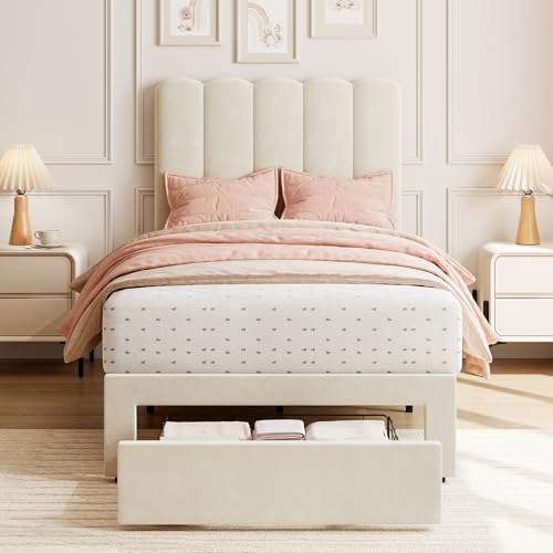 GarveeHome Twin Bed Frame, Platform Bed with Headboard & Drawer for Kids | Upholstered Bed Frame, Easy Assembly, Wooden Slats Support, No Box Spring Needed, Beige - color: Beige, size: Twin