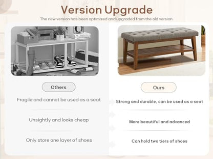 HUIMO Upholstered Entryway Shoe Bench, Button Tufted End of Bed Bench,Brown | with Solid Wood Slatted Shelf, Padded Ottoman Bench for Bedroom, Living Room, Entryway - color: Brown, style: French Country