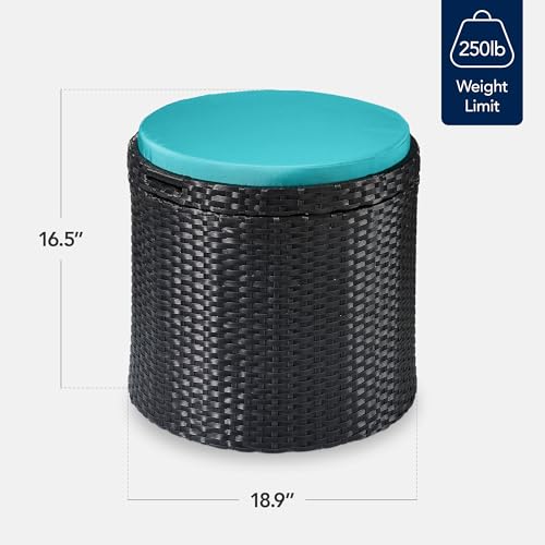 Best Choice Products Round Wicker Ottoman, Multipurpose Outdoor Furniture for Patio, Backyard, Additional Seating, Footrest, Side Table w/Storage, Removable Cushions – Black/Teal - color: Black/Teal