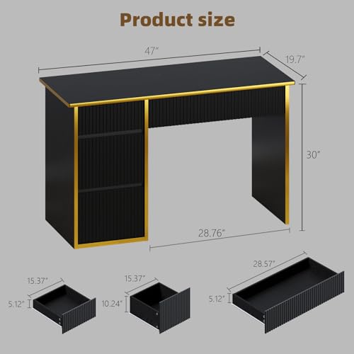 4 EVER WINNER 47-Inch Fluted Computer Desk with 4 Drawers, Black and Gold | Compact Home Office Desk with 4 Storage Drawers, Including a Deep File Drawer, for Bedroom, Study or Small Spaces - color: Black
