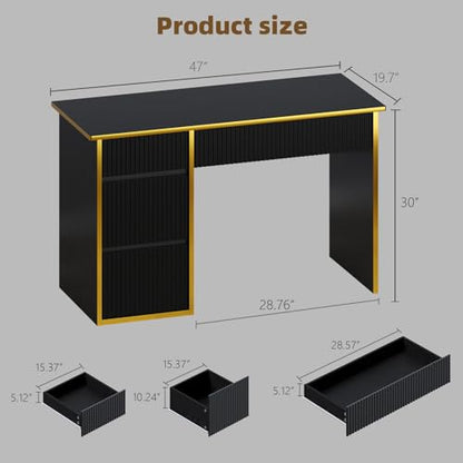 4 EVER WINNER 47-Inch Fluted Computer Desk with 4 Drawers, Black and Gold | Compact Home Office Desk with 4 Storage Drawers, Including a Deep File Drawer, for Bedroom, Study or Small Spaces - color: Black