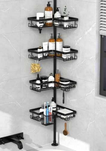 KEGII Corner Shower Caddy Tension Pole with Toothbrush Holder | Adjustable Shower Organizer with Soap Holder and Hooks, No Drilling Rustproof Bathroom Shelf Storage Rack, Fits 25-114.2 Inch - color: Black