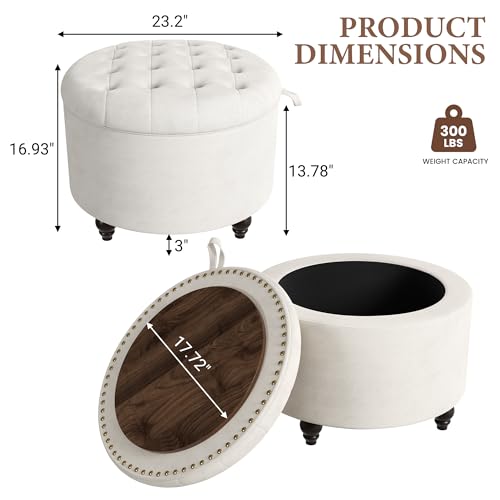 24 Inch Round Storage Ottoman,Modern Tufted Ottomans,Circular Coffee Table with Removable Top,Upholstered Large Ottoman with Storage Footrest Stool for Bedroom Living Room (White) - color: White, size: 24"D x 24"W x 16.9"H