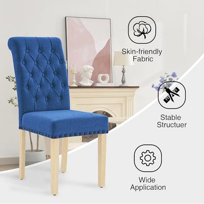 adochr Linen Dining Chairs Set of 4, Armless Parsons Chairs,Dark Blue | Wooden Legs & Tufted Buttons, Upholstered Dining Room Chair for Kitchen/Dining Room/Living Room - color: Dark Blue, size: 4PCS