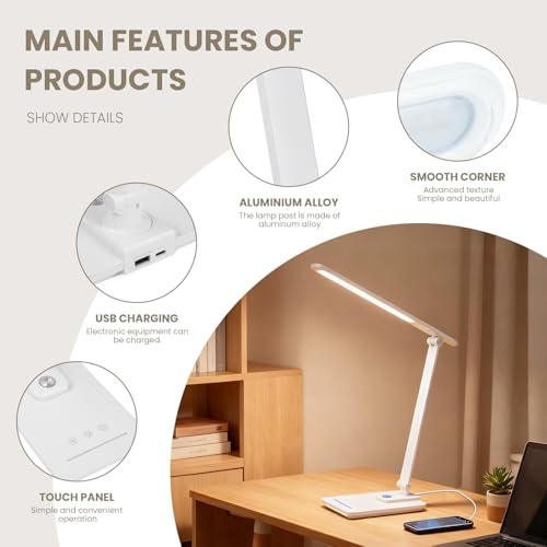TECHNOVA LED Desk Lamp with 5 Color Temperatures | Sliding Stepless Dimming & One-Touch Timer | Foldable & Portable Design for Office/Study/Nail Art | Four-Axis Rotation for Small Desks