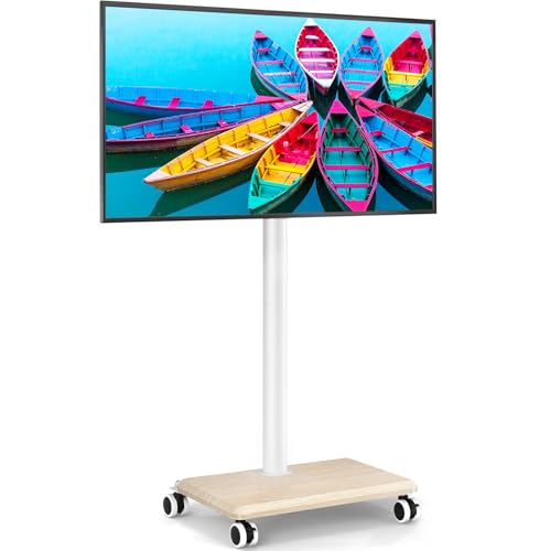 Rfiver Rolling TV Stand for 32 to 60 Inch TV up to 88lbs Wood Base White | Height Adjustable Mobile TV Cart with Lockable Wheels, Portable Floor TV Stand for Living Room, Bedroom, VESA 400x400mm - color: White, size: Without Shelf