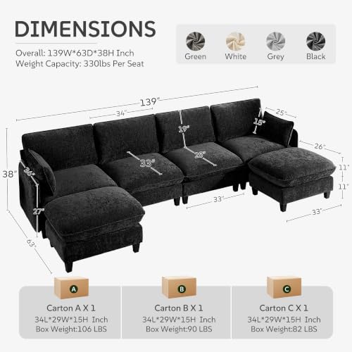 Ihanherry 139" U-Shaped Modular Sectional Couch, Oversized Cloud Sofa with Large Cushions & Movable Ottoman, Chenille Deep Seat Sectional for Living Room, Black - color: Black, size: 139" 6 Seat U Sofa