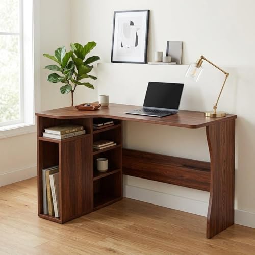 Garvee L Shaped Desk with Storage Shelves, Small Corner Desk for Small Spaces, Corner Table with 3 Tier Shelves, Home Office, Writing Study Gaming Desk, Walnut Wood