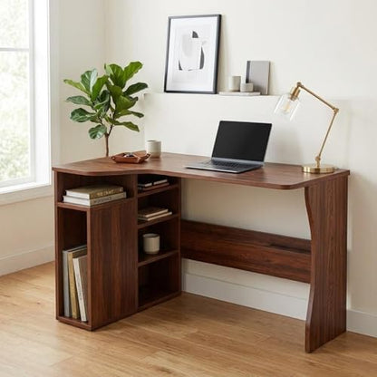 Garvee L Shaped Desk with Storage Shelves, Small Corner Desk for Small Spaces, Corner Table with 3 Tier Shelves, Home Office, Writing Study Gaming Desk, Walnut Wood