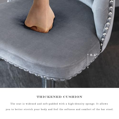 Velvet Bar Stool Set of 2, Adjustable Swivel Bar Stools with Silver Plated Metal Leg, Button Tufted, Footrest, Chrome Nailhead, Counter Height Chair for Kitchen, Bar, Dining Room (Grey) - color: Grey-silver Leg, size: Set of 2