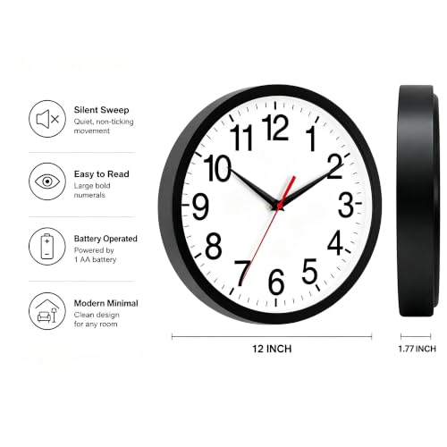 Wall Clock Analog 12 Inch Black Battery Operated Silent Clock | Easy To Read, Non Ticking, Round, Accurate, Kitchen, Living Room, Classroom, Office, School - color: A_black, size: 12 Inch
